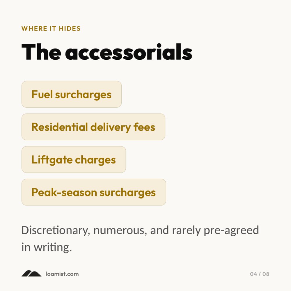Slide 4: where it hides, fuel surcharges, residential delivery, liftgate, peak-season surcharges.