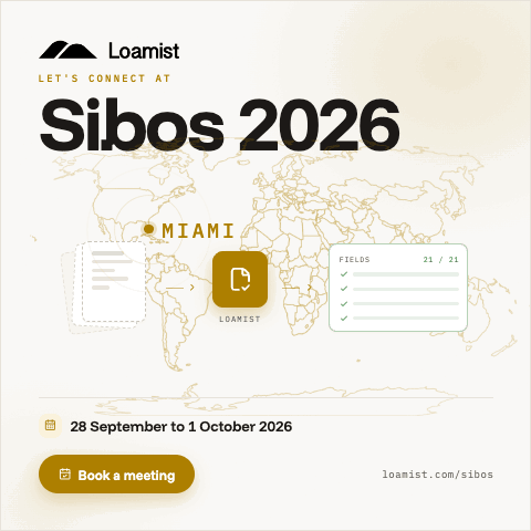 Loamist at Sibos 2026 graphic: a world map with Miami marked, a document flowing through a Loamist processor to a 21 of 21 fields checklist, and event dates 28 September to 1 October 2026.