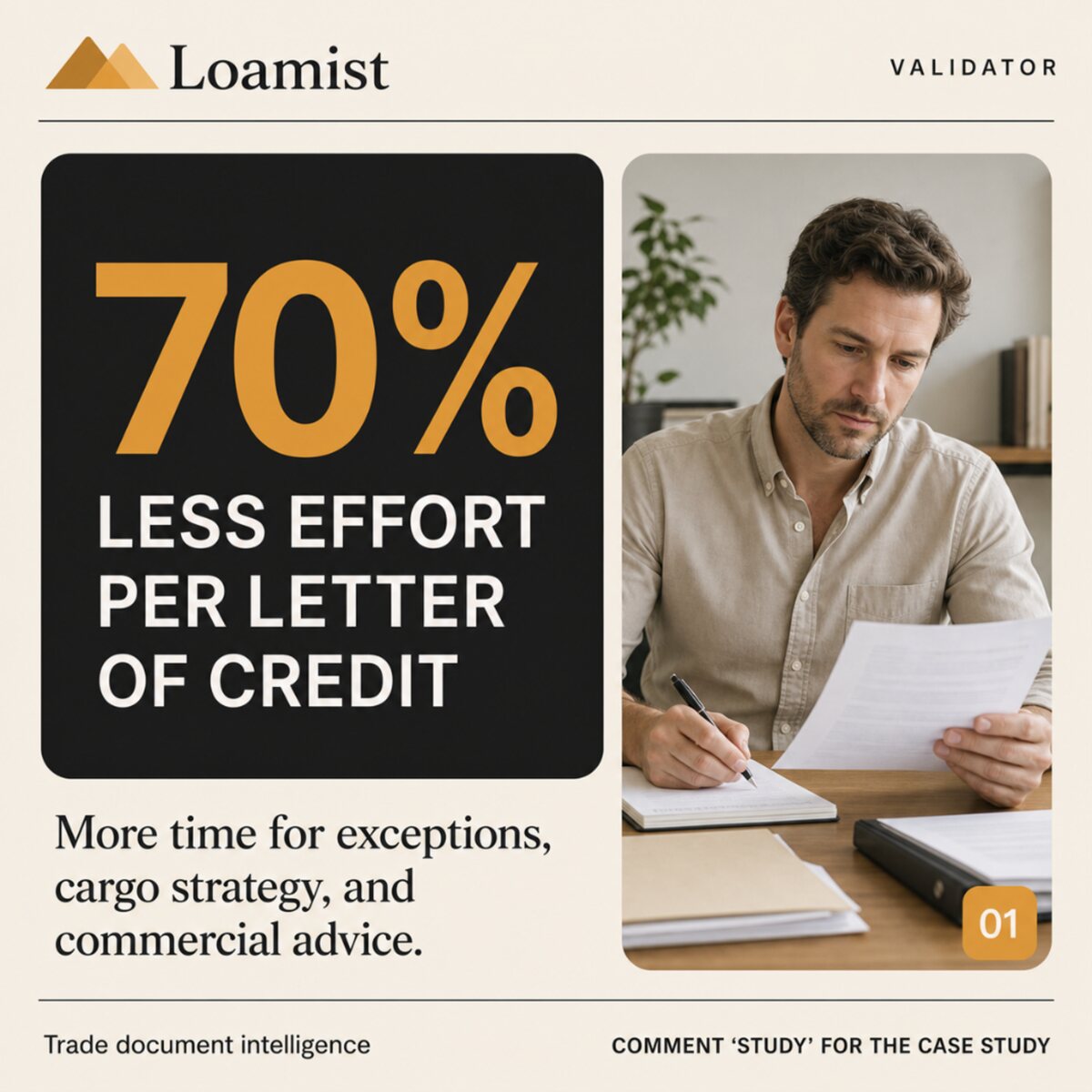 Promotional graphic: a dark panel with a large gold 70% and the words less effort per letter of credit, beside a photograph of a man reviewing documents at a desk.
