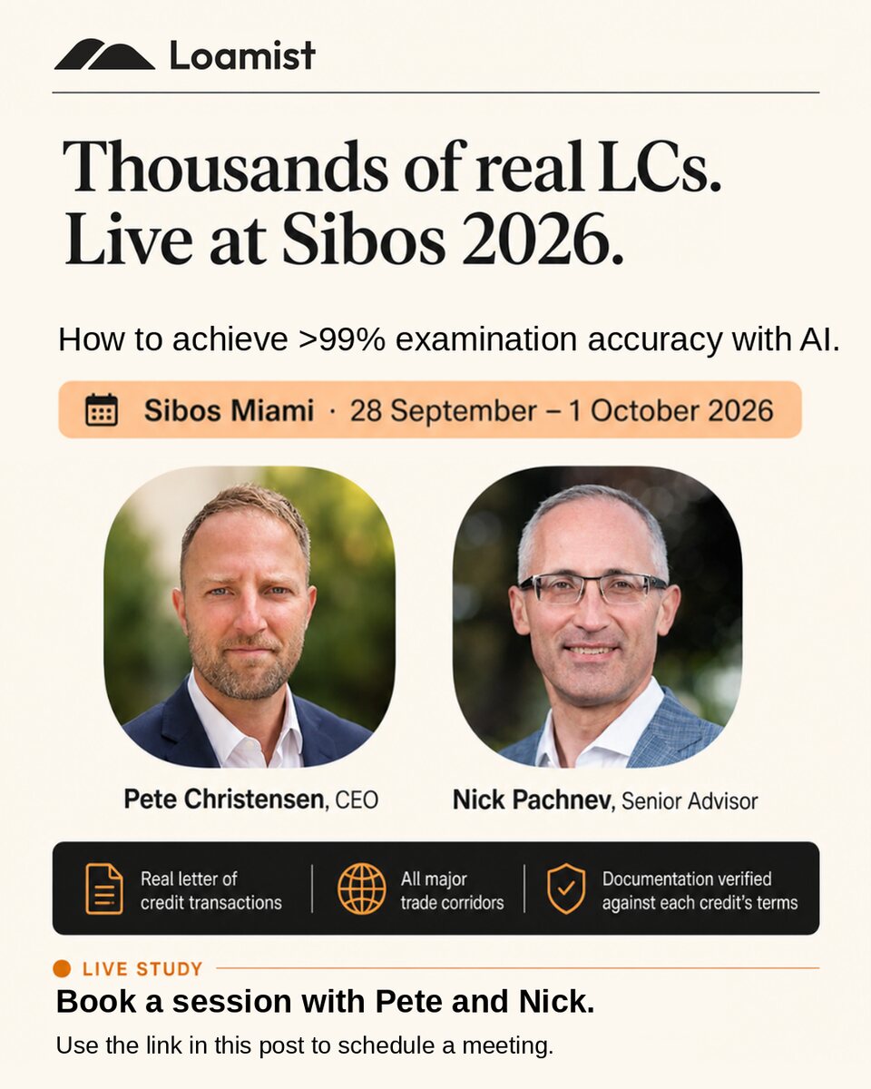 Sibos 2026 Miami event graphic: thousands of real L/Cs, live at Sibos 2026, with headshots of Pete Christensen, CEO, and Nick Pachnev, Senior Advisor, and the dates 28 September to 1 October 2026.