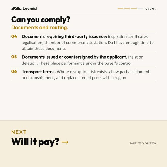 Slide 3: the workability checklist to run the day an L/C arrives.